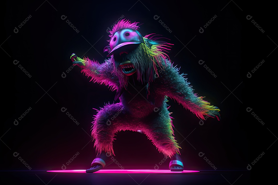 Um monstro peludo dançando hip-hop com movimentos incríveis