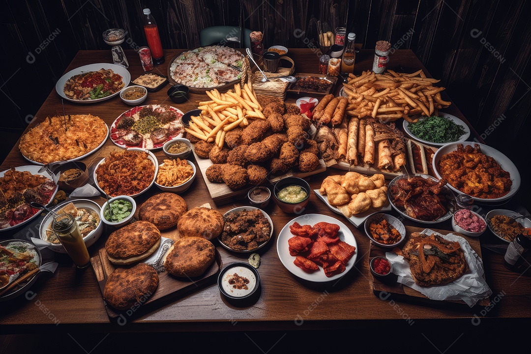 Uma grande mesa repleta de delícias para viagem aguça o clima