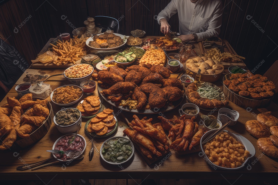 Uma grande mesa repleta de delícias para viagem aguça o clima
