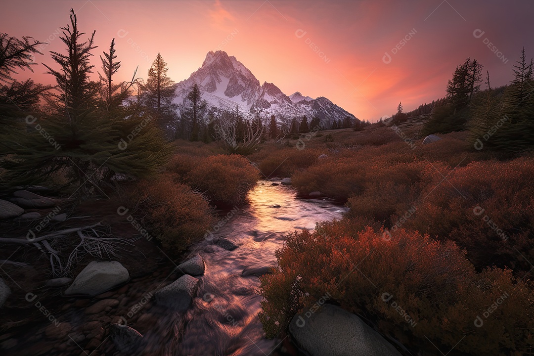 Uma majestosa montanha subiu em tons de laranja ao pôr do sol