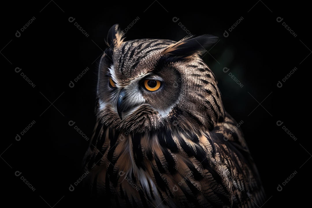 Uma coruja majestosa repousa sobre um fundo preto exibindo