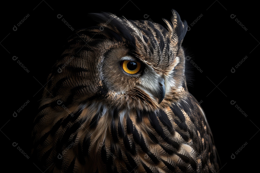 Uma coruja majestosa repousa sobre um fundo preto exibindo
