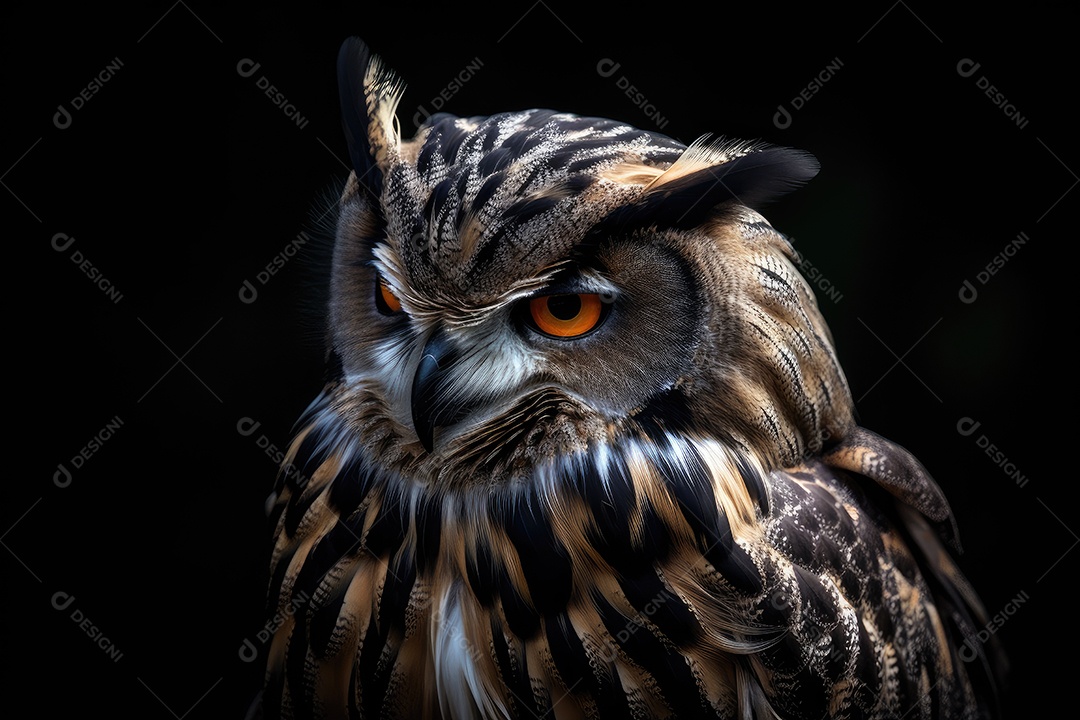 Uma coruja majestosa repousa sobre um fundo preto exibindo