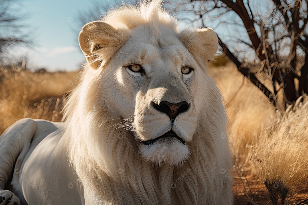 Um leão branco majestoso emerge da savana dourada
