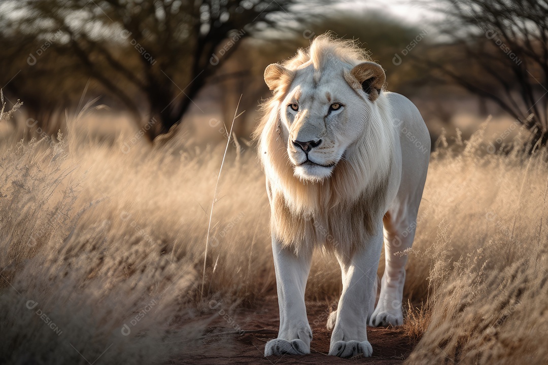 Um leão branco majestoso emerge da savana dourada