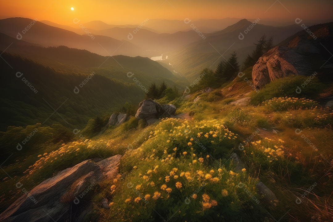 Um vale montanhoso revela-se ao amanhecer cercado por