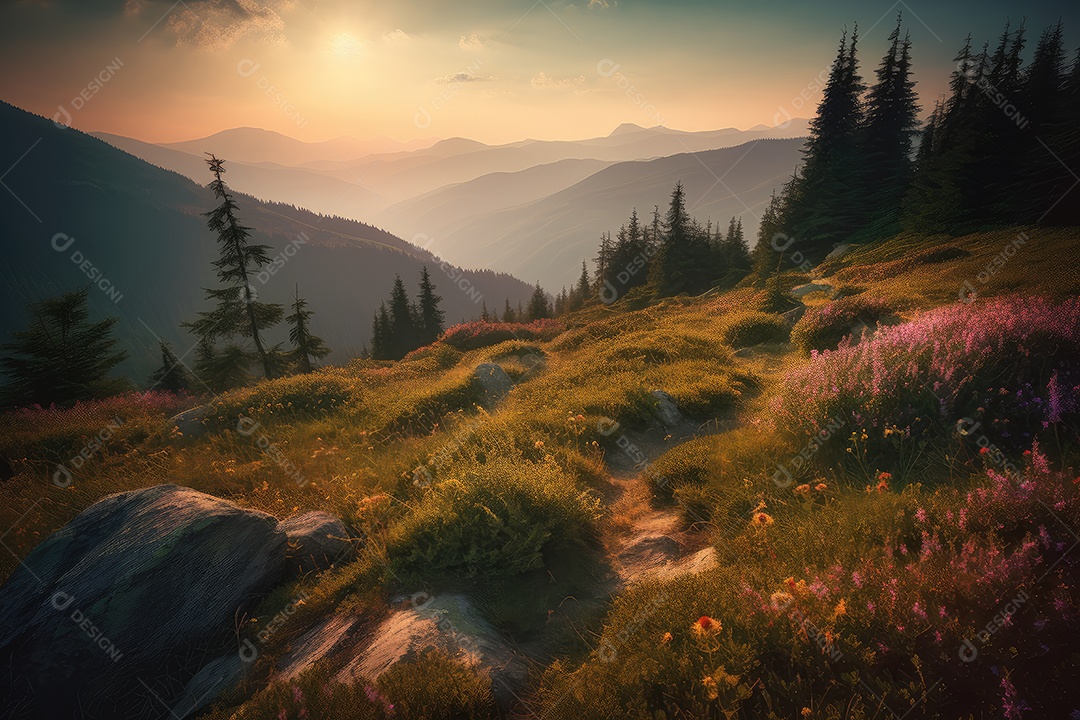 Um vale montanhoso revela-se ao amanhecer cercado por