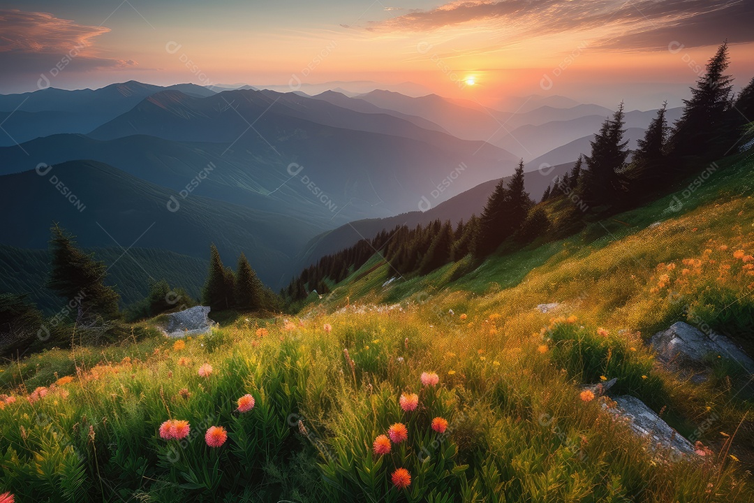 Um vale montanhoso revela-se ao amanhecer cercado por