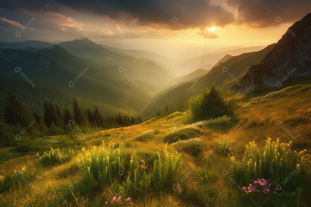 Um vale montanhoso revela-se ao amanhecer cercado por