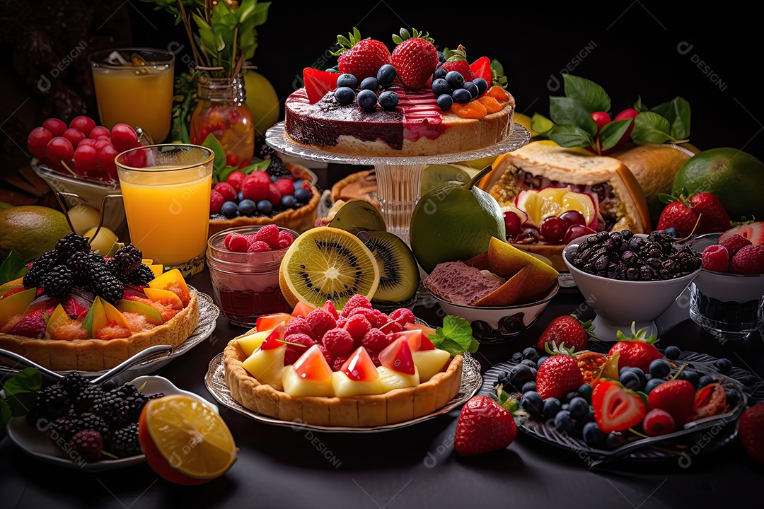 Uma mesa fornecida com deliciosas iguarias cuidadosamente arranjadas