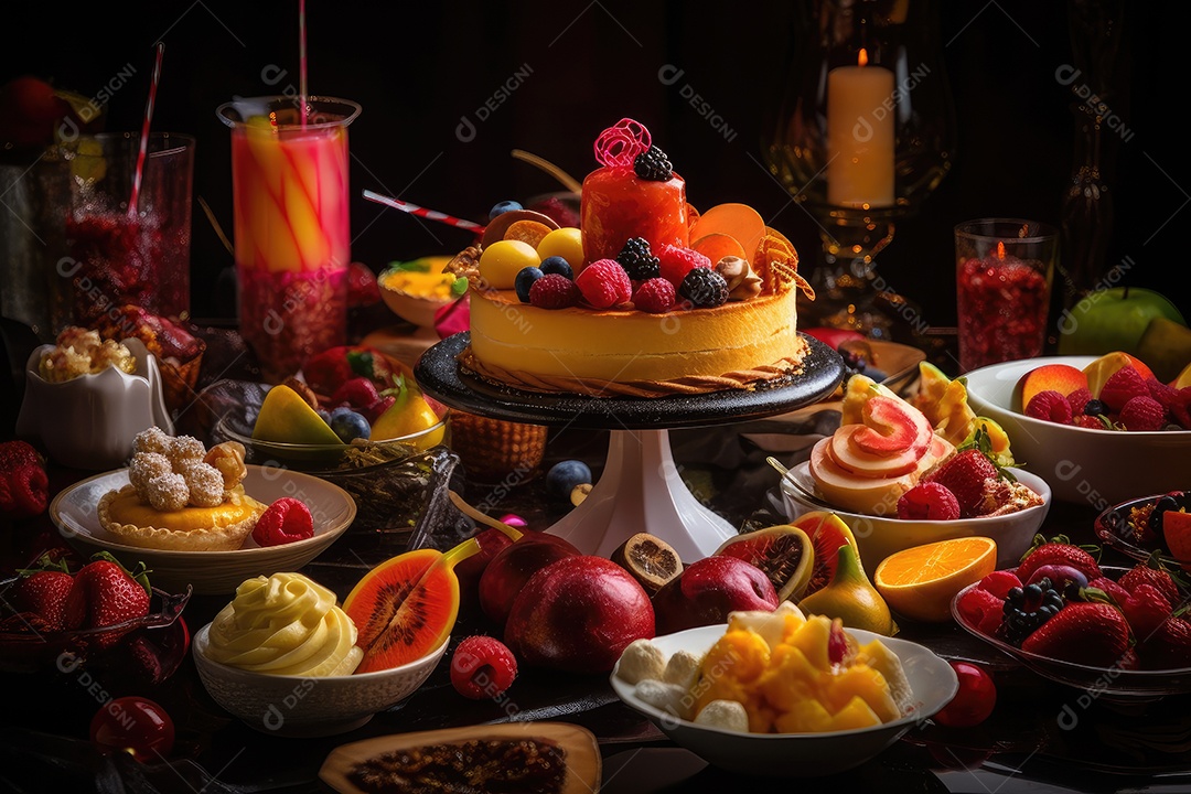 Uma mesa fornecida com deliciosas iguarias cuidadosamente arranjadas