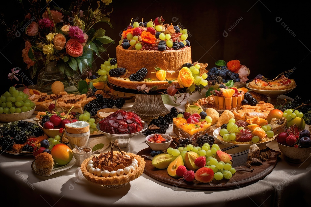 Uma mesa fornecida com deliciosas iguarias cuidadosamente arranjadas