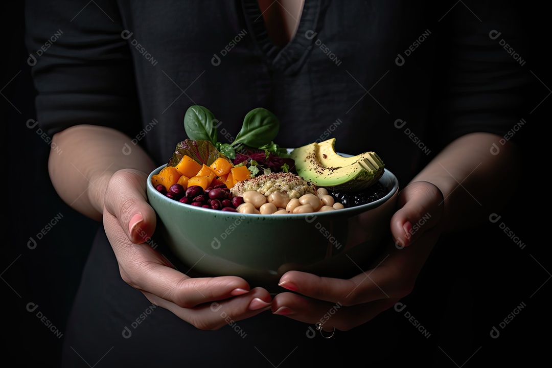Mãos de pessoa segurando tigela de comida
