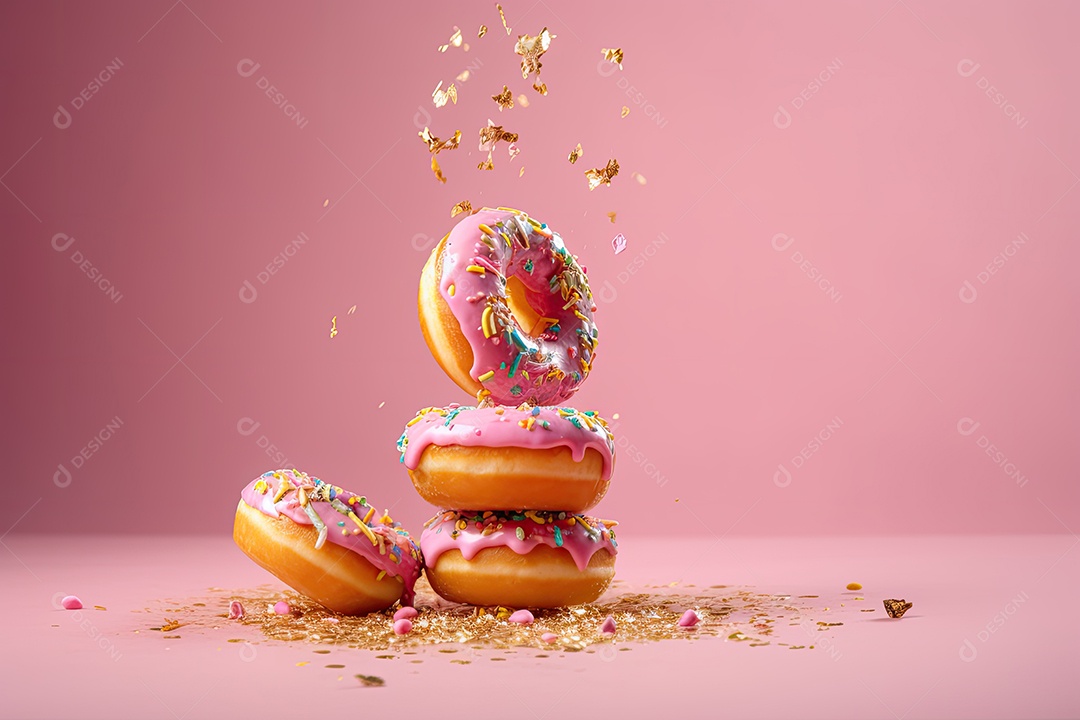 Donuts flutuam em levitação sobre um fundo rosa evocando