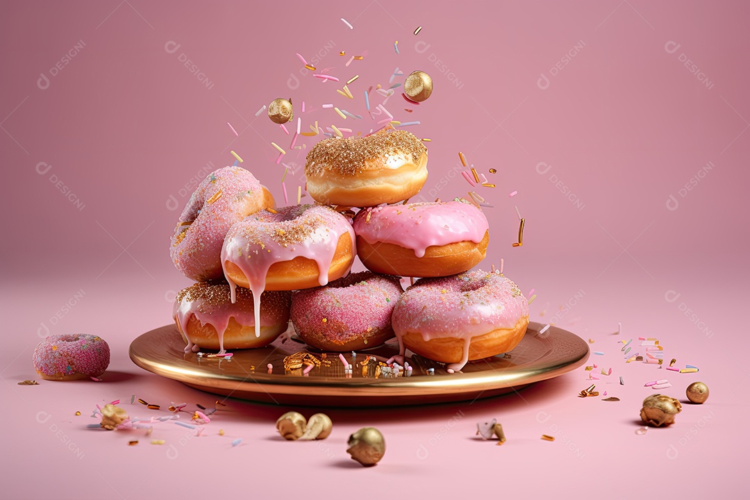 Donuts flutuam em levitação sobre um fundo rosa evocando