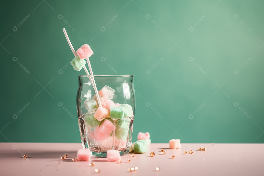 Em uma cena minimalista, um copo transborda de balas de goma