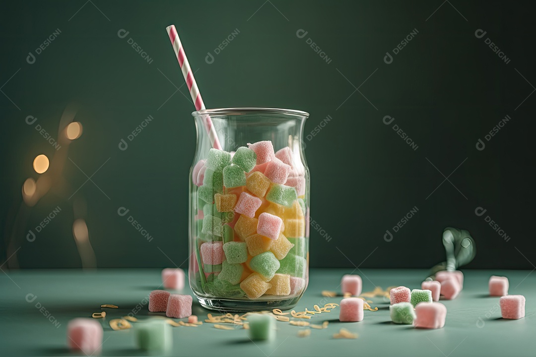 Em uma cena minimalista, um copo transborda de balas de goma