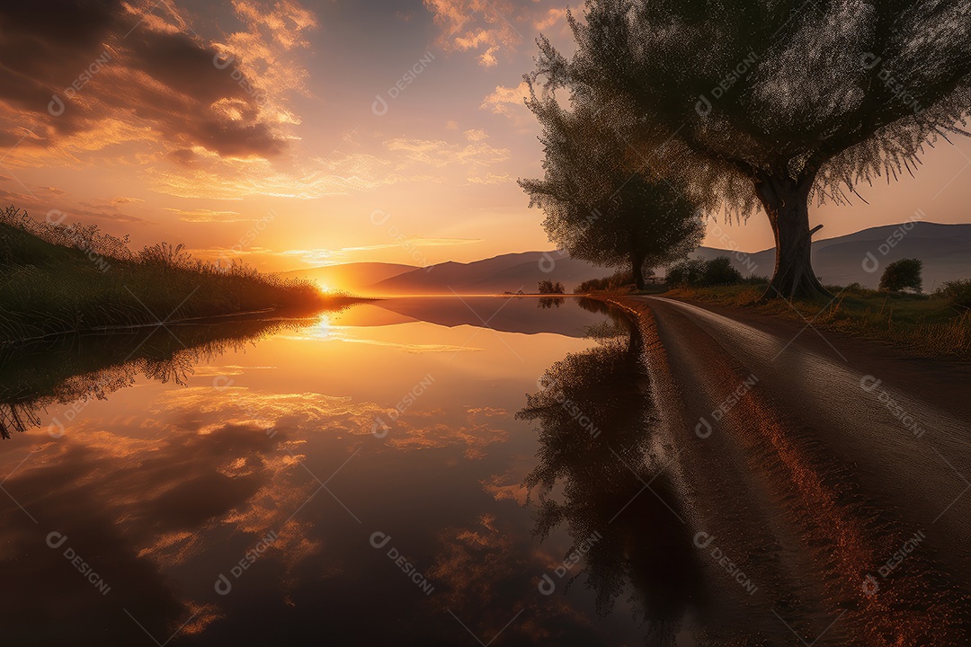 Lindo pôr do sol sobre um lago