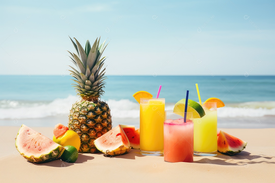 Suco de abacaxi sobre uma praia