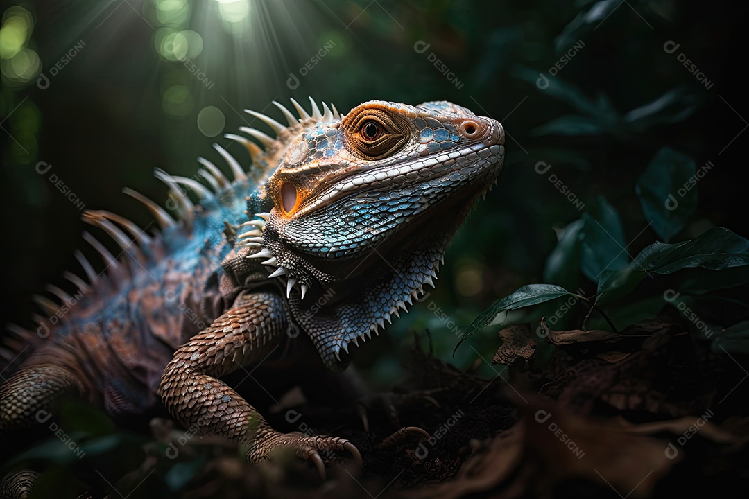 Retrato de um dragão barbudo emergindo de um denso encha