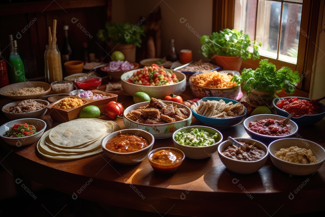 A espaçosa mesa de jantar exibe um autêntico estilo mexicano