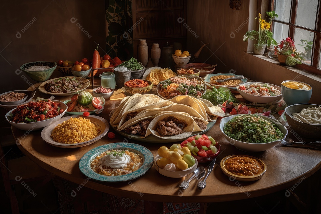 A espaçosa mesa de jantar exibe um autêntico estilo mexicano