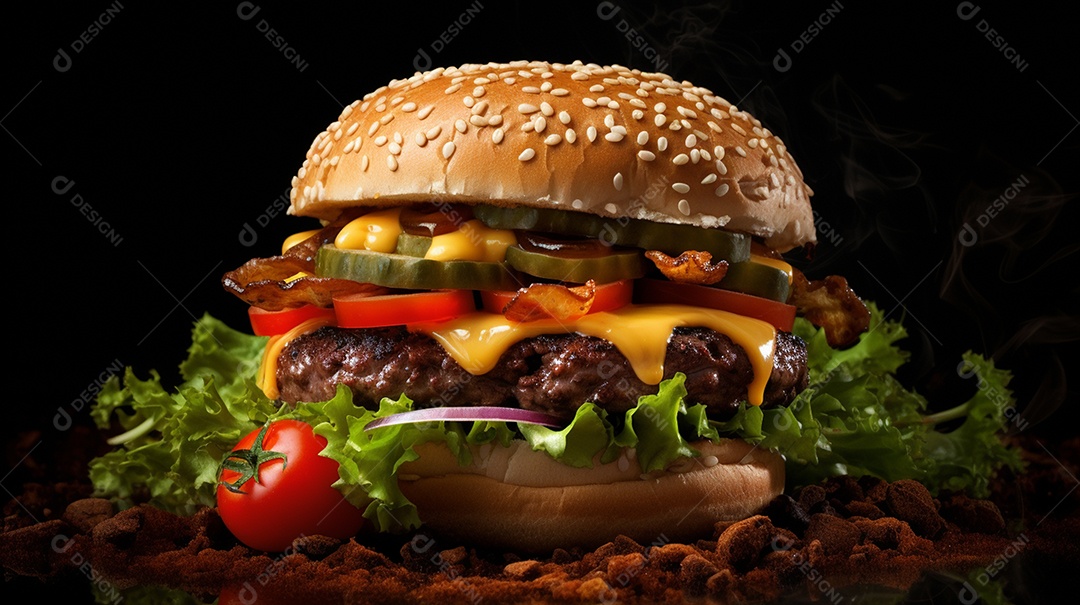 Saboroso hambúrguer de carne com queijo e salada