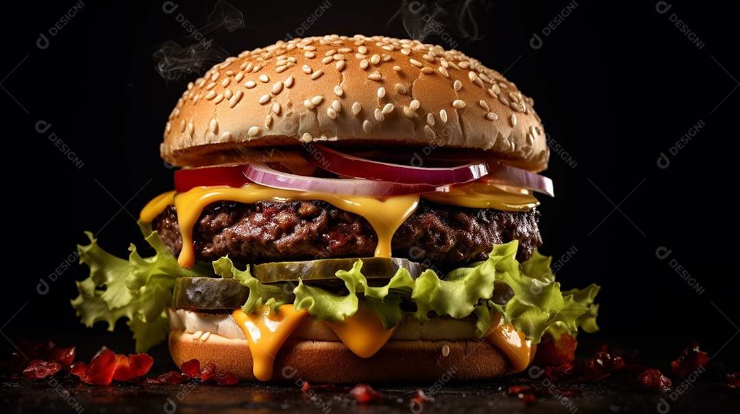 Saboroso hambúrguer de carne com queijo e salada