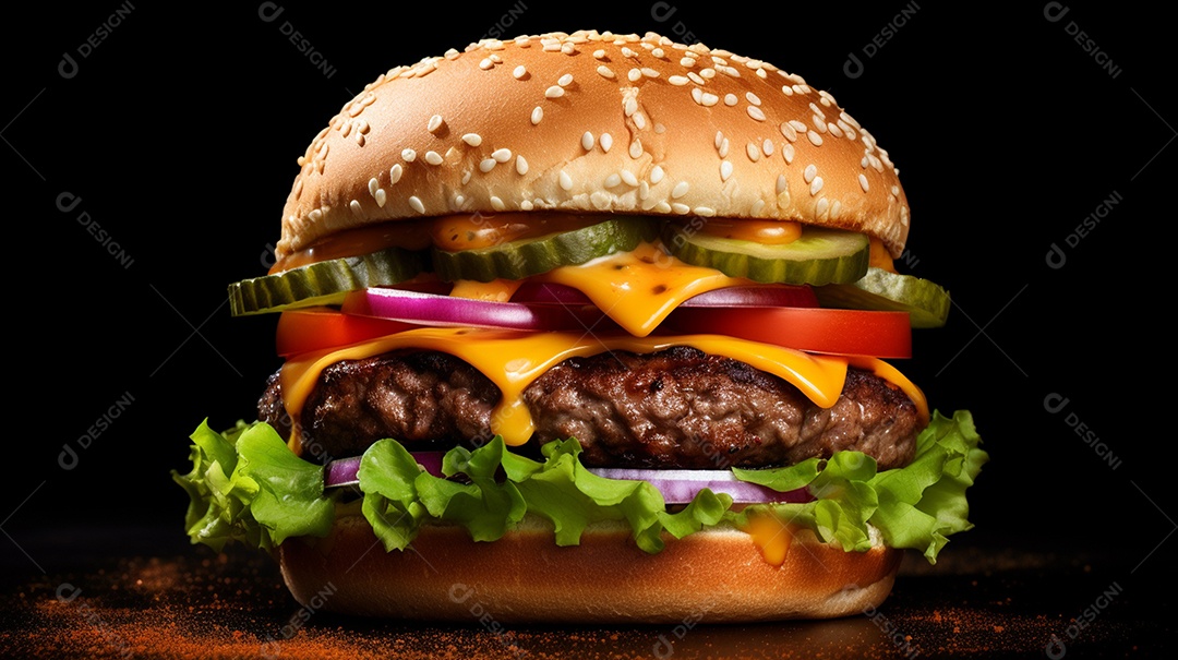 Saboroso hambúrguer de carne com queijo e salada