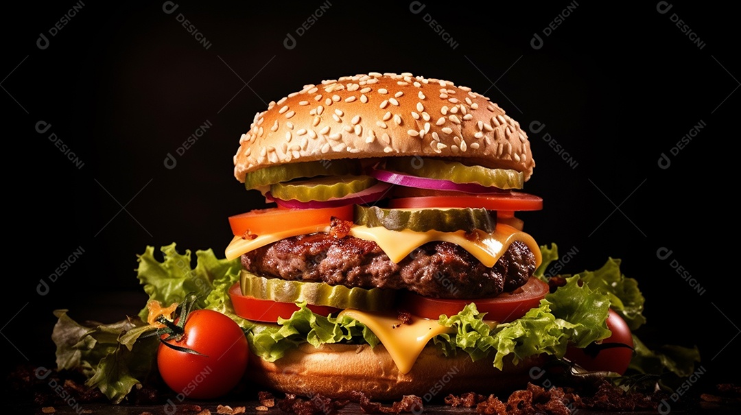 Saboroso hambúrguer de carne com queijo e salada