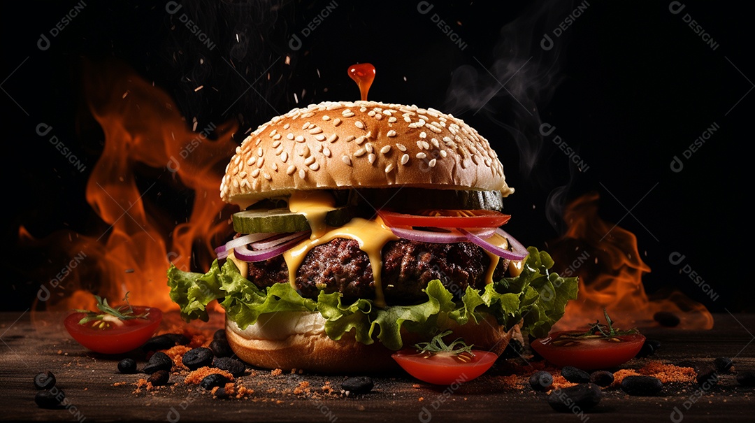 Saboroso hambúrguer de carne com queijo e salada