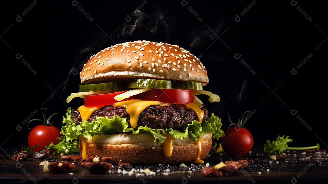 Saboroso hambúrguer de carne com queijo e salada