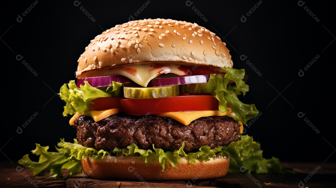 Saboroso hambúrguer de carne com queijo e salada