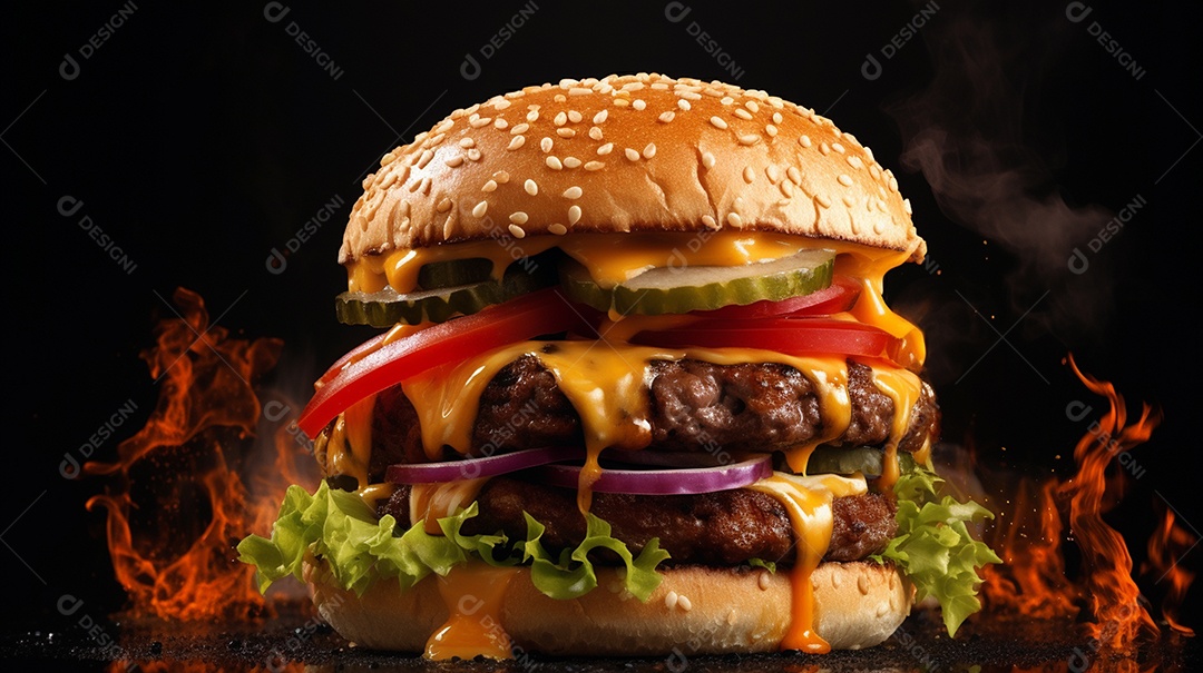 Saboroso hambúrguer de carne com queijo e salada