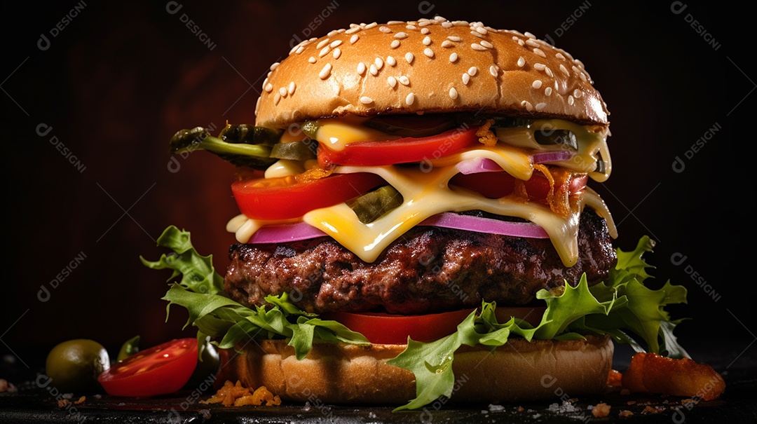 Saboroso hambúrguer de carne com queijo e salada