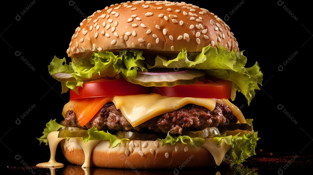 Saboroso hambúrguer de carne com queijo e salada