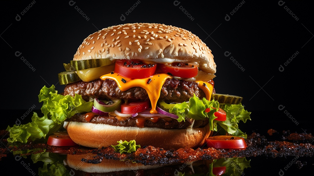 Saboroso hambúrguer de carne com queijo e salada