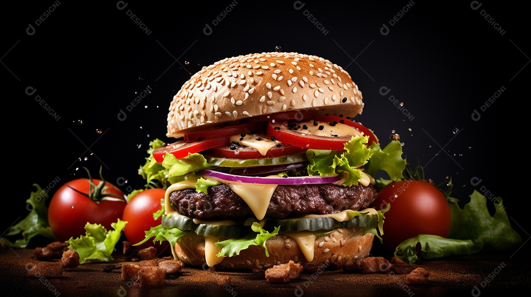 Saboroso hambúrguer de carne com queijo e salada