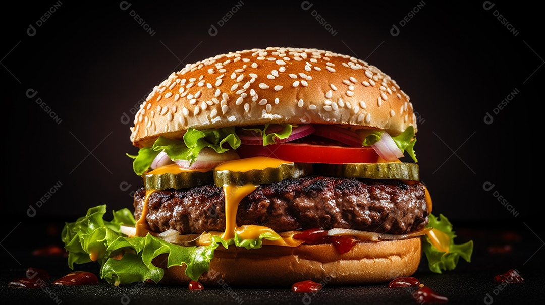 Saboroso hambúrguer de carne com queijo e salada