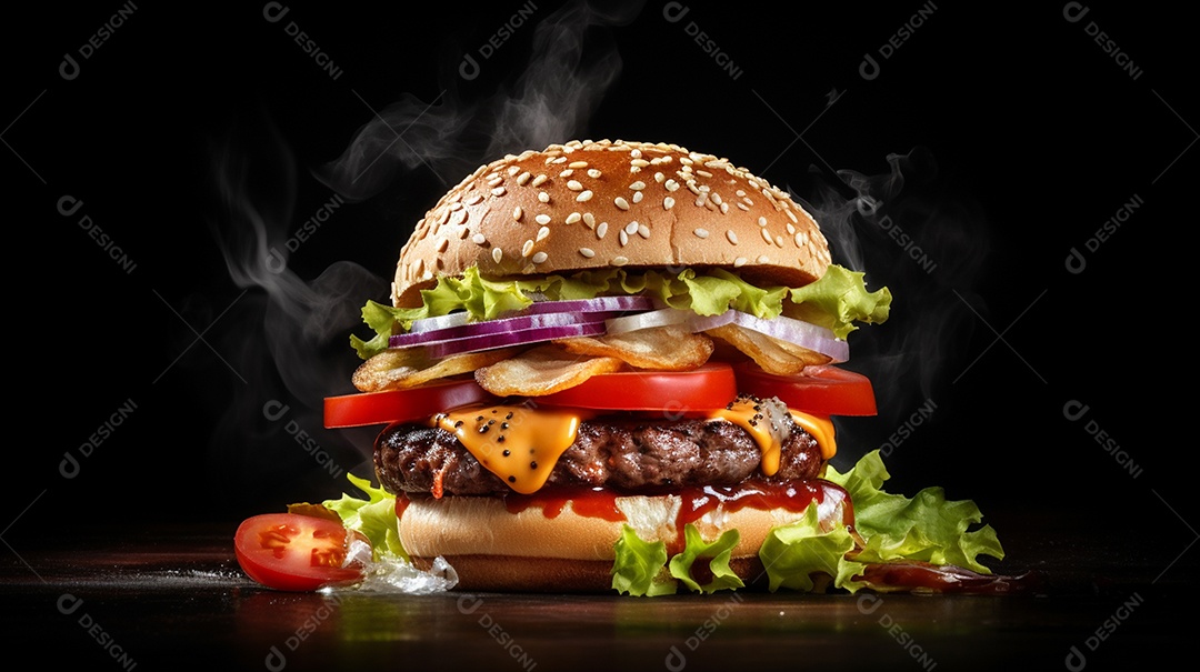 Saboroso hambúrguer de carne com queijo e salada