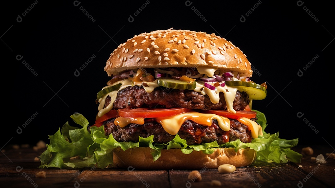 Saboroso hambúrguer de carne com queijo e salada