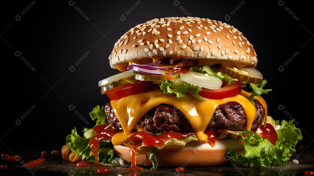 Saboroso hambúrguer de carne com queijo e salada