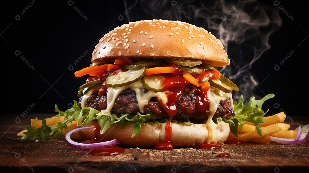 Saboroso hambúrguer de carne com queijo e salada