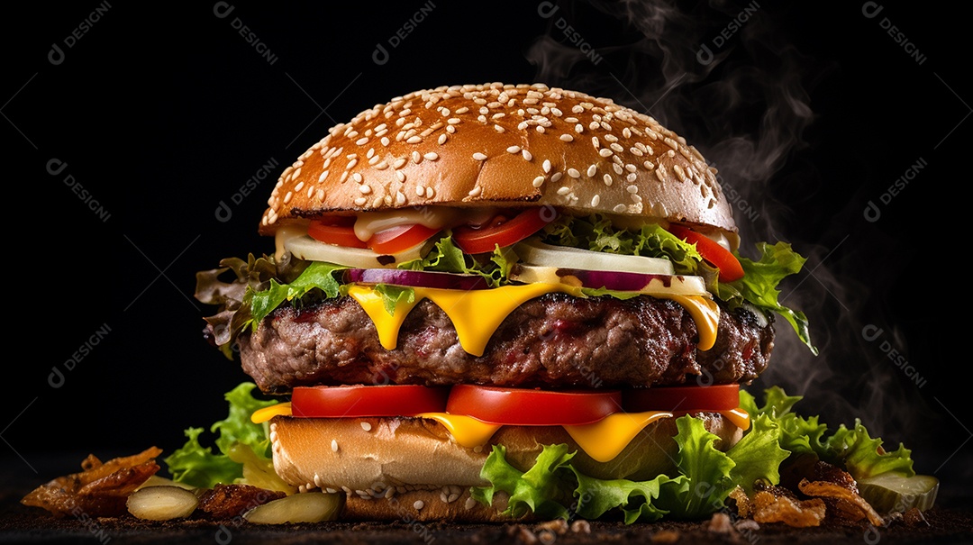 Saboroso hambúrguer de carne com queijo e salada