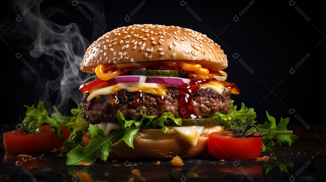 Saboroso hambúrguer de carne com queijo e salada