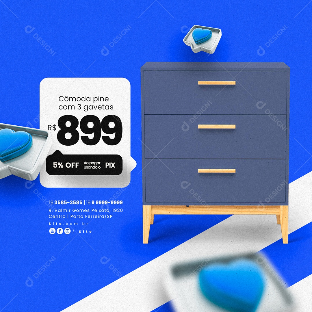 Loja de Móveis Cômoda Pine com 3 Gavetas 899,00 Social Media PSD Editável