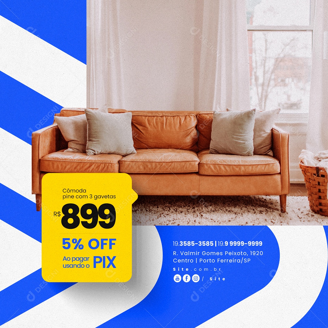 Loja de Móveis Cômoda Pine com 3 Gavetas 899,00 5% Off Usando o Pix Social Media PSD Editável