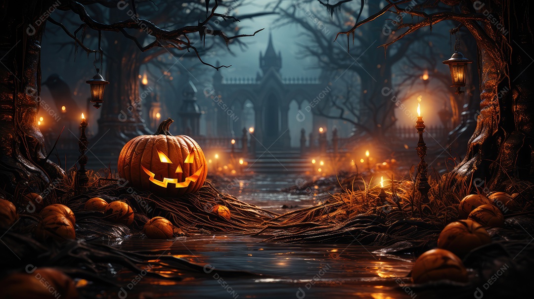 Plano de fundo abóboras assustadoras de halloween com luzes laranjas