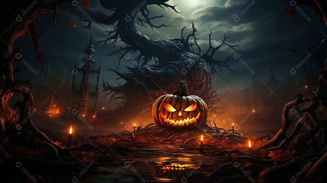 Plano de fundo abóboras assustadoras de halloween com luzes laranjas