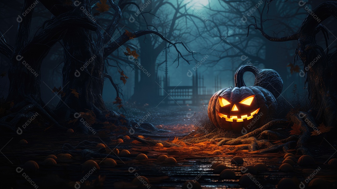 Fundo abóboras assustadoras de halloween com luzes laranjas